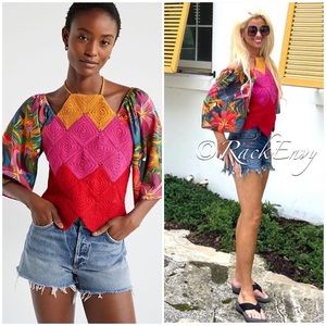 NWT ANTHROPOLOGIE FARM RIO HALTER CROCHET TOP IN PINK COMBO